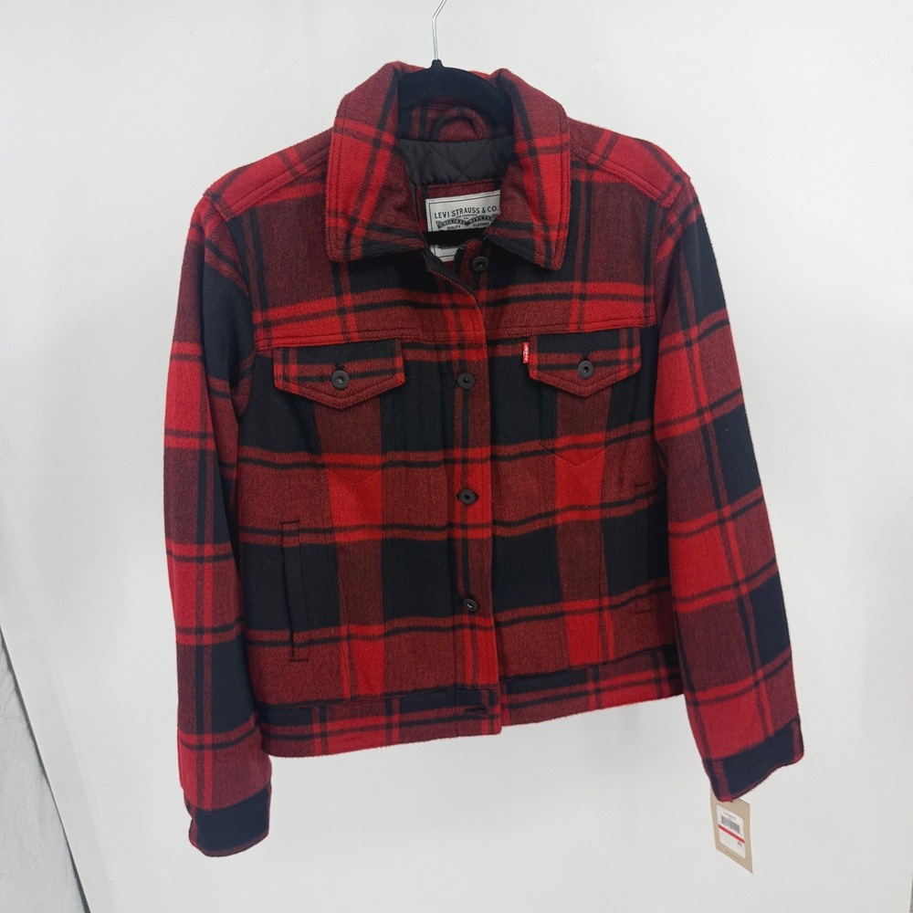 Levi Strauss Co Womens Red Black Plaid Wool Trucker Jacket LW9RP072 XS NEW